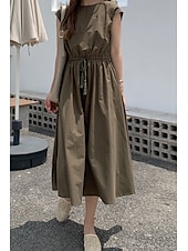 economico disegnare abiti in cotone e lino-Per donna Abito Midi Abiti in cotone e lino Moda Classico Moderno All&#039;aperto Quotidiano Ferie Vestibilità regolare Semplice Senza Maniche Girocollo Nero Verde chiaro Verde militare Blu marino Estate