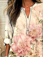 preiswerte Blumenoberteile-Damen Bluse Blumen Hawaiianisch Basic Lässig Langarm V Ausschnitt Normale Oberteile Täglich Ferien Knöpfe Druck Aprikose Sommer Frühling