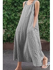 abordables Robes décontractées-robe midi femme robe décontractée mode classique moderne vacances quotidien sortie coupe classique à carreaux sans manches col carré noir jaune vert clair rose été