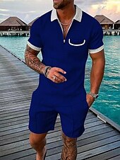 olcso Vakáció-Férfi Quarter Zip Polo Golfing Napi Szabadság Hajtóka Rövid ujjú Divat Alap Sima Zseb 2 db Nyár Normál Fekete Arcpír rózsaszín Rubin Sötétkék Lóhere Katonai zöld Quarter Zip Polo