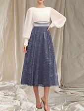 preiswerte Teelänge-A-Linie Brautmutterkleid Hochzeitsgast Elegant Rundhalsausschnitt Tee Länge Chiffon Spitze Lange Ärmeln mit Perlen Rüschen Midi Kleid 2025