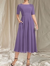 abordables Longueur du thé-Robe Mère de la Mariée A-Line Invité de Mariage Élégante Col Arrondi Longueur Thé Chiffon Manches Courtes avec Perles Appliques Robe Midi 2025