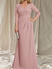 preiswerte Bodenlänge-A-Linie Brautmutter Kleid Hochzeitsgast Elegant V-Ausschnitt Bodenlänge Chiffon 3/4-Länge Ärmel mit Perlenapplikationen