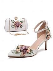 billige Formell-hvite blomstrede høyhælte pumps med matchende clutch – romantiske sko til bryllup og spesielle anledninger for kvinner blå rhinestone bue wedge s