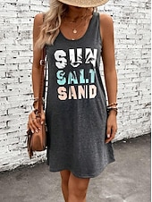 preiswerte Einfaches Kleid-Damen Mini Kleid Sommerkleid Urlaub Lässige Strand tägliche lockere Passform Herz Grafik ärmellos U-Ausschnitt Schwarz Sommer