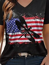 tanie Dzień Niepodległości Top-Kobieca patriotycka koszulka z grafiką flagi modna casual krótkie rękawy dekolt w serek regularne topy codzienne nadruk czarny lato