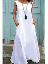 economico disegnare abiti in cotone e lino-Per donna Abito Midi Abiti ispirati al lino Abito in cotone e lino Moda Essenziale Classico All&#039;aperto Quotidiano Ferie Vestibilità regolare Semplice Senza Maniche Girocollo Bianco Arancione Cachi