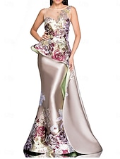 billige blomster-Mermaid Peplum Kjole Kveldsdrakt Elegant Kjole Bryllup Bryllupsgjest Gulvlengde Uten Ermer Crew Utringning Sateng med Blomstertrykk og Brodert Blonder