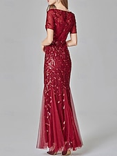 cheap Floor Length-Mermaid / Trumpet Wedding Guest Dresses Elegant Dress Wedding Guest Birthday Floor Length Short Sleeve Crew Neck Tulle with Sequin Embroidery