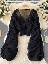 billiga Dressiga toppar-Dam Blus Chiffong toppar Slät Stylish Långärmad Puffärm V-hals Crop Tops Helgdag Utekväll Rynkad Svart Vit Purpur Grön Vår