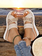 levne Sandály na dovolenou-dámské pletené sandály na klínku – sandály na platformě ve stylu boho s korálkovými detaily pro letní, plážové a ležérní outfity
