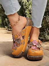 preiswerte Urlaubsandalen-Damen-Clogs aus geblümtem Leder – handgefertigte Slip-On-Pantoletten mit Keilabsatz und Cut-out-Design im Bohème-Stil für Freizeitkleidung und Komfort im Freien