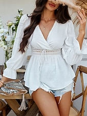 billige Kvinne Enkle Topper-Kvinners Bluse Boho Skjorte Enfarget Stilfull Avslappet Langermet V-Hals Vanlige Topper Daglig Lappverk Utskjæring Sort Hvit Blå Aprikos Sommer Vår