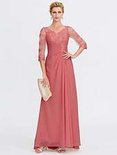 economico Lunghezza del pavimento-ts beach wedding a-line madre della sposa abito da sposa invitata elegante taglie forti trasparente scollo a V lunghezza pavimento chiffon mezza manica con applicazioni drappeggio laterale 2025