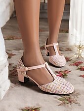 olcso 1950-es évek-női 1950-es évekbeli tweed t-pántos mary jane sarkú cipő – vintage ihletésű, alacsony sarkú cipő elegáns irodai viselethez, esküvőkhöz és különleges alkalmakra