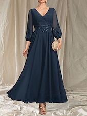 abordables Longueur du thé-Robe Mère de la Mariée A-Line Invité de Mariage Élégante Col en V Mi-Longue en Chiffon À Manches Longues avec Perles Appliques Robe Midi 2025