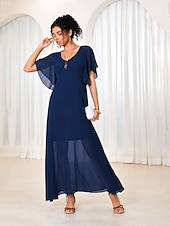 economico Abiti da festa-abito lungo da donna elegante manica a palloncino tinta unita blu scollo a barchetta vita stretta svolazzante trasparente sovrapposizione formale evento festa estate tutte le taglie