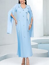 preiswerte Unter 129,99 $-Blaue Glitzer Mutter der Braut Kleid Elegantes Hochzeitsgastkleid V-Ausschnitt Maxi-Länge Chiffon Lange Ärmel mit Kristallen