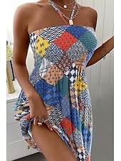billige Uformelle blomsterkjoler-Dame Mini kjole Sommerkjole Halter Neck kjole Print kjole Mote Daglig Ut på byen Helg Normal Blomsternål i krystall Ermeløs Grimehals Hvit Navyblå Blå Sommer
