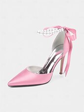 cheap Cocktail-Women&#039;s Champagne Satin Wedding Heels with Pearl Ankle Strap - Elegant Bridal &amp; Cocktail Stiletto Pumps