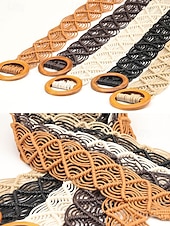 levne Dámský pásek-tkaný opasek boho macrame pro ženy – ručně vyrobený široký bederní pás s dřevěnou přezkou, vintage chic styl pro šaty, ležérní outfity a letní plážové oblečení