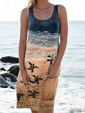 billiga Hawaiianska klänningar-Kvinnors Mini Klänning Sommarklänning Sommarklänning Semester Casual Daglig Löst Passform Grafisk Sköldpadda Ärmlös U-Hals Marinblå Ljus Sky Blå Sommar