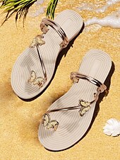 cheap Vacation Sandals-&quot;Women&#039;s Butterfly Sandals – Elegant Gold Strappy Flat Sandals with Rhinestone Accents, Comfortable Beach Flip-Flops for Summer, Vacation and Casual Wear&quot;