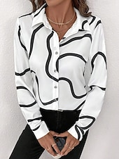 voordelige Dames Strepen &amp; Geometrische Tops-Dames Overhemd Bloemig Geometrisch Casual Lange mouw Overhemdkraag Normale tops Werk Dagelijks Uitgaan Knop Afdrukken Zwart Wit Blozend Roze blauw Zomer Lente Herfst