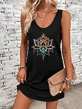 billiga Blommiga klänningar-Dam Mini klänning A linjeklänning Sommarklänning Off Shoulder Klänning Semester Ledigt Dagligen Lös passning Blommig Grafisk Ärmlös U-hals Svart Sommar