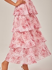 abordables Robes décontractées-Robe longue décontractée pour femme, tenue de soirée, col en V, manches courtes, coupe trapèze, imprimé floral, volants superposés, tenue de tous les jours, jupe gâteau, taille ajustée, robe longue