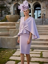 preiswerte Teelänge-Lavendel Perlen Column Brautmutterkleid Elegant Vintage V-Ausschnitt Tee Länge Stretch-Stoff Halbärmel mit Spitzenperlen Etagen Midi Kleid 2025