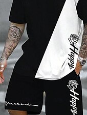 billiga T-shirts med tryck för män-Herr Reste sig 2st T-shirts uppsättningar Summer Tops Kortärmad Korta byxor Rund hals Fritids- Sport &amp; Utomhus Utekväll Ledigt / vardag Crewneck Sommar Svartvit