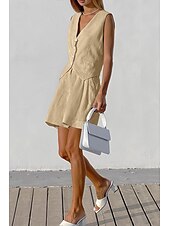 abordables Ensembles-Femmes Mode Streetwear Ensembles inspirés du lin Ensembles deux pièces Chemisier Sans manches Col en V Couleur Unie Dubbele Rij Knopen Sortir Décontracté Quotidien Blanche Bleu Orange Été Coupe