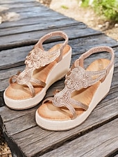 preiswerte Urlaubsandalen-Beige Keilsandalen für Damen – Boho-Plateausandalen mit T-Riemen und Stickereien für den Sommer, Strandurlaub und Freizeitausflüge