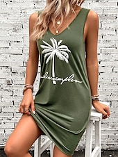 ieftine rochii hawaiene-Pentru femei Rochie Mini Rochie A line Rochie de vară Rochie cu umeri Vacanță Casual Potrivire Largă Grafic Scrisă Fără manșon În U Verde salvie Vară
