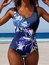 billiga One-piece-baddräkter-Kvinnors Baddräkter En Del Baddräkt Strandkläder Sommar Blomster Grafisk U-hals Ärmlösa Badkläder