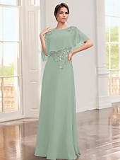 cheap Floor Length-A-Line Dress Mother of the Bride Dress Elegant Jewel Neck Floor Length Chiffon Lace Half Sleeve with Appliques Solid Color