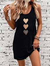 preiswerte Einfaches Kleid-Damen Mini Kleid Sommerkleid Urlaub Lässige Strand tägliche lockere Passform Herz Grafik ärmellos U-Ausschnitt Schwarz Sommer