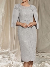 abordables Longueur du thé-Robe Deux Pièces Moulante  Colonne Mère de la Mariée Robe Invité de Mariage Élégante Col Ronde Longueur Thé Manches 3/4 avec Dentelle perles Robe Midi