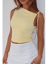 billige Bluser og skjorter-Dame Bluse عادي Fritid Ermeløs Crew-hals Vanlige topper Daglig Ferie Rynket Svart Hvit Gul Rød Brun Sommer