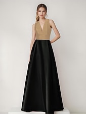 baratos Rosa-Vestido de noite em linha A, elegante, com blocos de cores, costas vazadas, formal, casamento, comprimento até o chão, sem mangas, decote em V, cetim com bolso lateral 2025