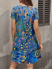 cheap Boho Dress-Women&#039;s Mini Dress Casual Dress T Shirt Dress Tee Dress Shift Dress Summer Dress Elegant Stylish Formal Vacation Work Casual Linen Like Regular Fit Floral Graphic Short Sleeve V Neck Blue Summer