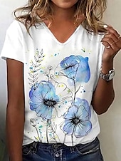 preiswerte Blumen-T-Shirt-Damen T Shirt Blumen Grafik Bohemien Mode Strand Langarm V Ausschnitt Normale Oberteile Täglich Sport Ausgehen Druck Leicht Blau Sommer Frühling