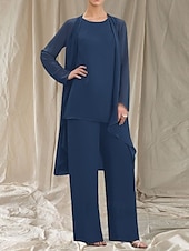 baratos Comprimento do chão-Macacão  Conjunto de Calça 3 Peças Mãe da Noiva Vestido de Convidada de Casamento Elegante Gola Redonda Comprimento Total Chiffon Manga Longa com Babados