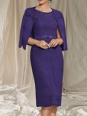 abordables Longueur du thé-Robe Deux Pièces Moulante  Colonne Mère de la Mariée Robe Invité de Mariage Élégante Col Ronde Longueur Thé Manches 3/4 avec Dentelle perles Robe Midi