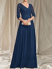economico Lunghezza del pavimento-Linea ad A Abito da cerimonia per signora Ospite di nozze Elegante Scollo a V Lunghezza al pavimento Chiffon Manica 3/4 con Perline Applicazioni 2025