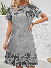 halpa Boho-mekot-Naisten Mini mekko Tpaitamekko Väljä mekko Kesämekko Juhla Työ Päivittäin Normaali Kukka Kuvitettu Paisley-kuvio Lyhythihainen Tiukka pyöreä kaula-aukko Harmaa Kesä Kevät