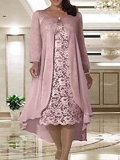 economico Con giacca-Abito da sposa A due pezzi A-Line in spiaggia madre della sposa invitata a un matrimonio elegante taglie forti scollo a gioiello lunghezza tè in chiffon pizzo manica corta giacca abiti con colore