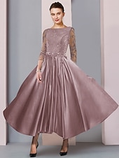 baratos Comprimento do chão-Vestido A-Line para Mãe da Noiva Convidada Formal Festa Elegante Decote Redondo Comprimento Chá Renda de Cetim Manga 3/4 com Cinto  Fita tamanho personalizado gratuito.