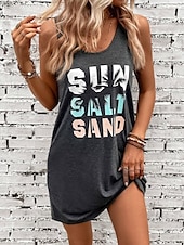 preiswerte Einfaches Kleid-Damen Mini Kleid Sommerkleid Urlaub Lässige Strand tägliche lockere Passform Herz Grafik ärmellos U-Ausschnitt Schwarz Sommer